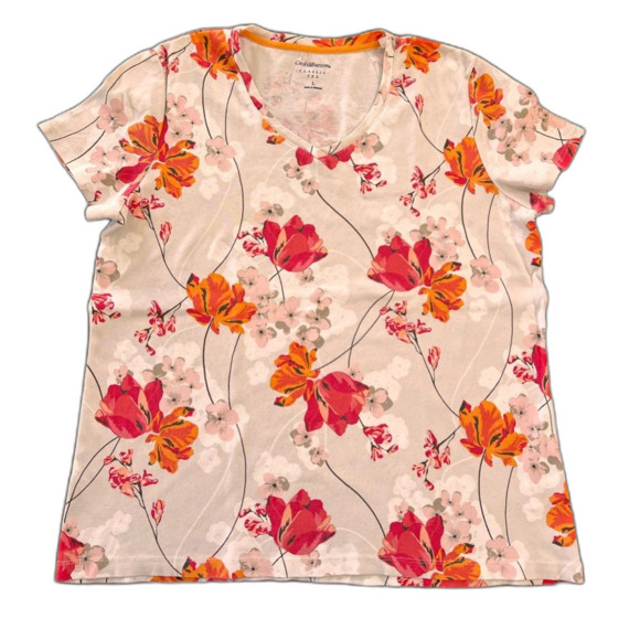 Croft & Barrow White Orange Floral V-Neck 100% Cotton Tee Shirt Women’s L - Picture 2 of 6